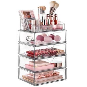 5 Tier Clear Makeup Organizer With Drawer, Cosmetic Storage For Dresser💓